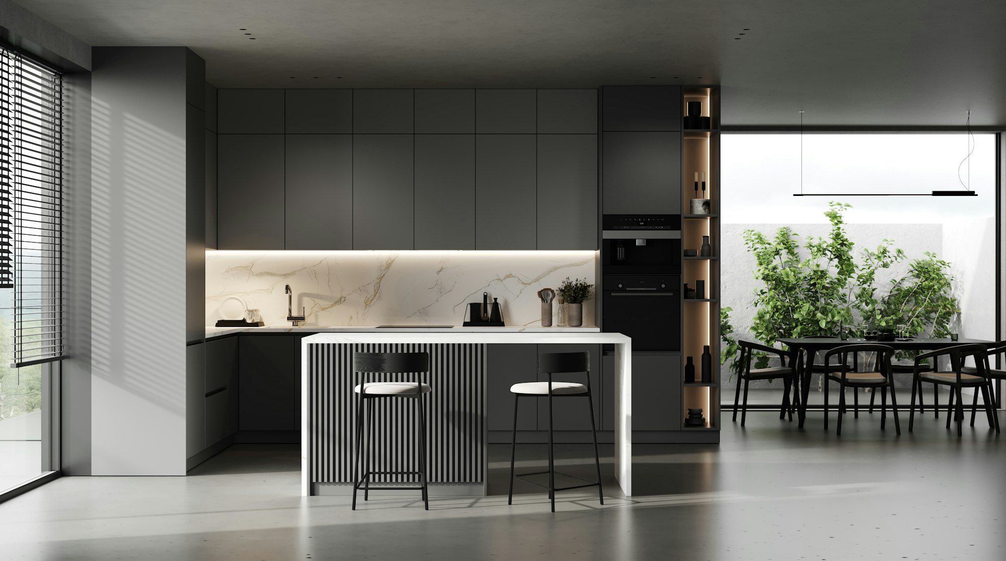 Modern dark kitchen and dining room interior with furniture and kitchenware, grey